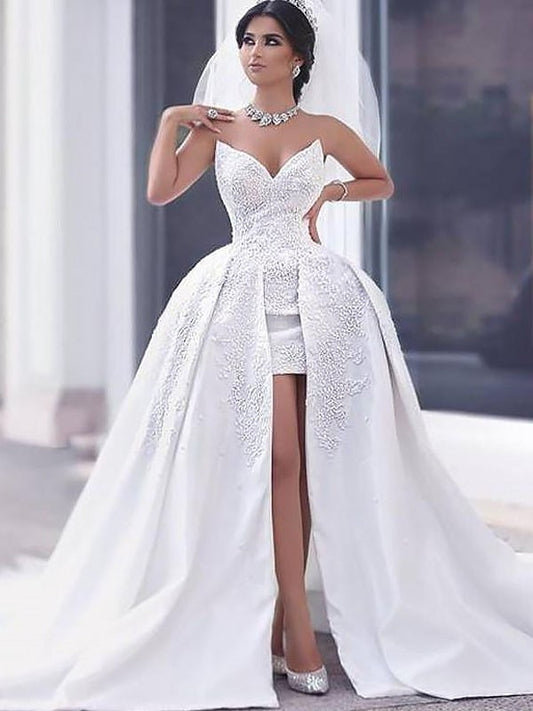 Beading Gown Ball Satin Chapel Sleeveless Train Sweetheart Wedding Dresses