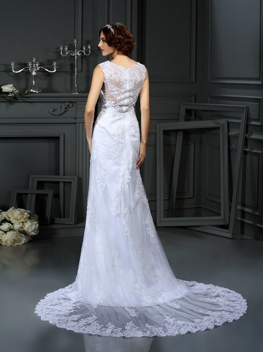 High Sleeveless Sheath/Column Long Neck Lace Lace Wedding Dresses