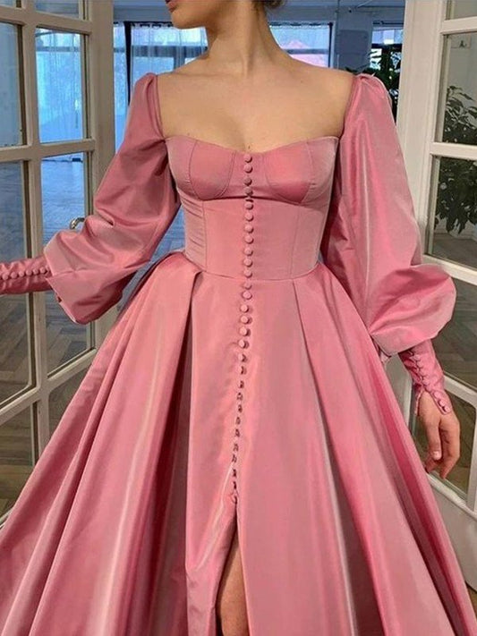 Long A-Line/Princess Square Ruffles Sleeves Satin Floor-Length Dresses