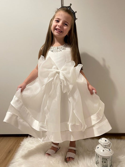 Sleeveless Satin A-Line/Princess Bowknot Tea-Length Jewel Flower Girl Dresses