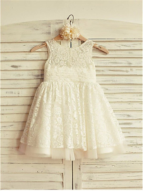 Scoop Sleeveless Ruffles A-line/Princess Tea-Length Lace Flower Girl Dresses