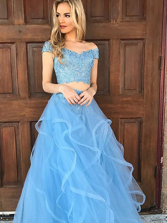 A-Line/Princess Tulle Floor-Length Sleeveless Off-the-Shoulder Applique Two Piece Dresses