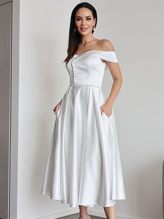 A-Line/Princess Off-the-Shoulder Ruffles Sleeveless Satin Tea-Length Wedding Dresses