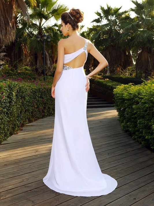 One-Shoulder A-Line/Princess Long Beading Sleeveless Chiffon Wedding Dresses