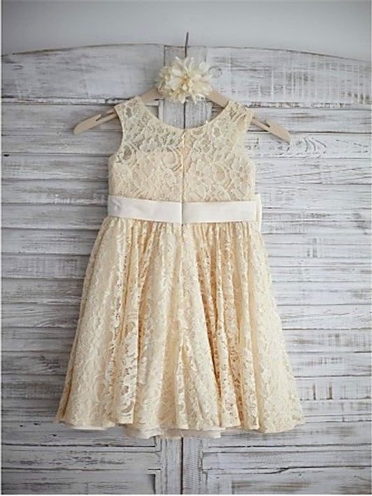 Lace Sleeveless Bowknot A-line/Princess Knee-Length Scoop Flower Girl Dresses