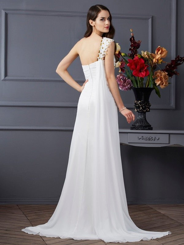 Sleeveless A-Line/Princess Beading One-Shoulder Long Chiffon Dresses