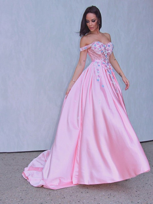 A-Line/Princess Sleeveless Off-the-Shoulder Satin Applique Sweep/Brush Train Dresses