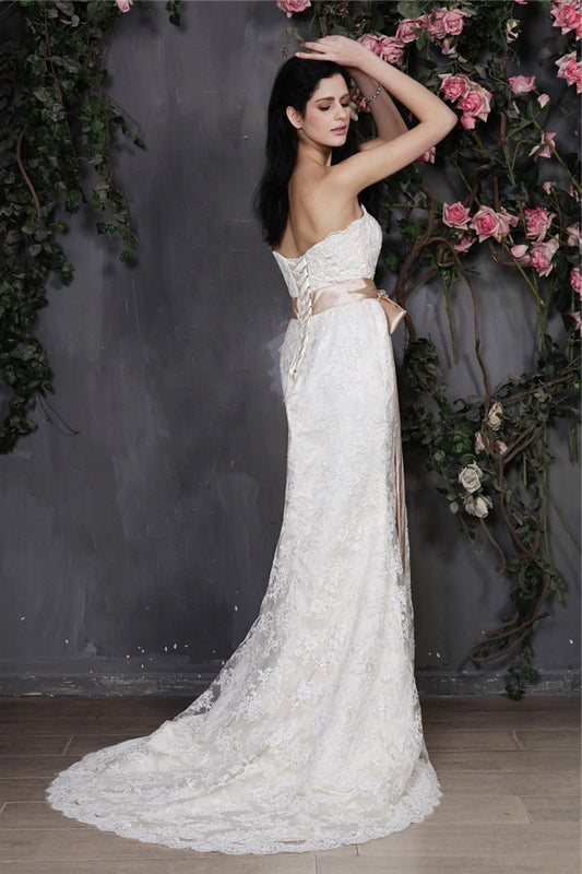 Sash Sleeveless Sheath/Column Long Strapless Lace Wedding Dresses