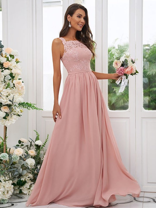 Square Applique A-Line/Princess Chiffon Sleeveless Floor-Length Bridesmaid Dresses