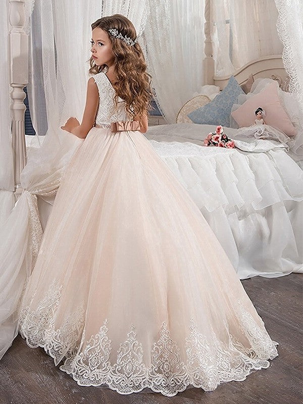 Gown Train Ball Jewel Sweep/Brush Tulle Lace Sleeveless Flower Girl Dresses