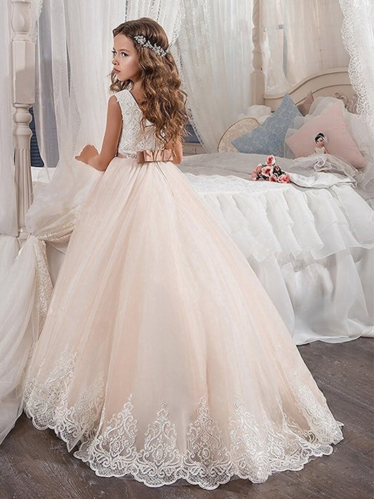 Gown Train Ball Jewel Sweep/Brush Tulle Lace Sleeveless Flower Girl Dresses