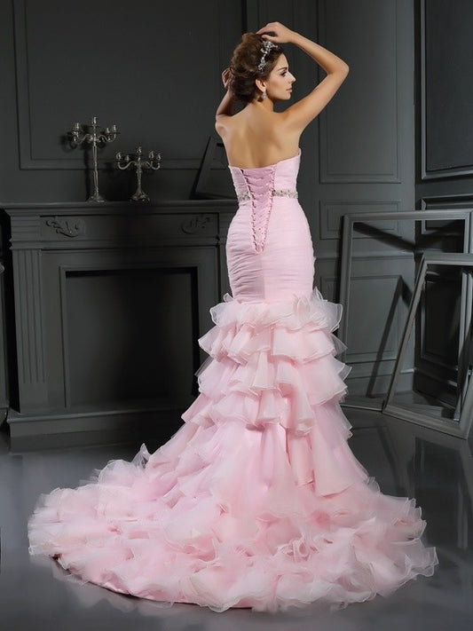 Sleeveless Trumpet/Mermaid Sweetheart Long Beading Organza Wedding Dresses