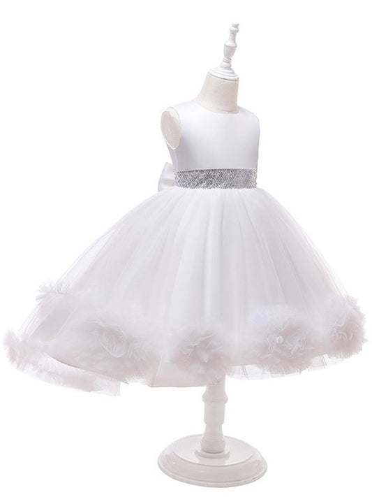 Sleeveless Tulle Gown Scoop Ruffles Ball Tea-Length Flower Girl Dresses