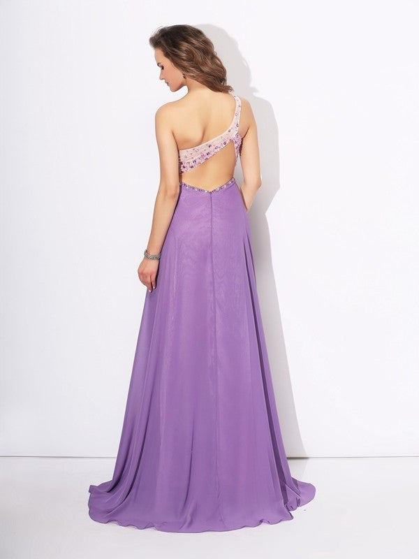 Crystal One-Shoulder Sleeveless A-Line/Princess Long Chiffon Dresses