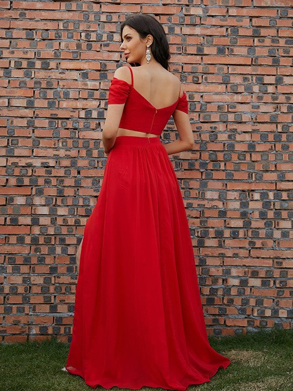 Chiffon Sleeveless Sweep/Brush V-neck Ruffles Train A-Line/Princess Two Piece Dresses