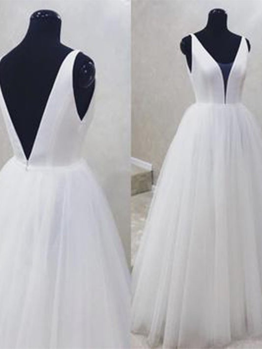 A-Line/Princess Tulle Ruffles V-neck Sleeveless Floor-Length Wedding Dresses