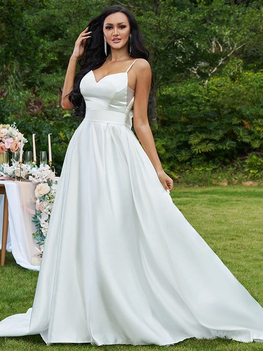 V-neck Satin Sweep/Brush Bowknot Sleeveless A-Line/Princess Train Wedding Dresses