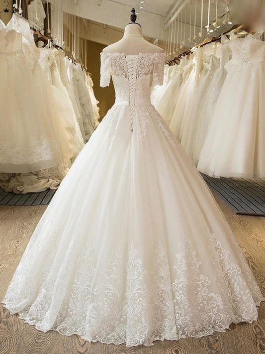 Lace Applique 1/2 Gown Floor-Length Off-the-Shoulder Sleeves Ball Tulle Wedding Dresses