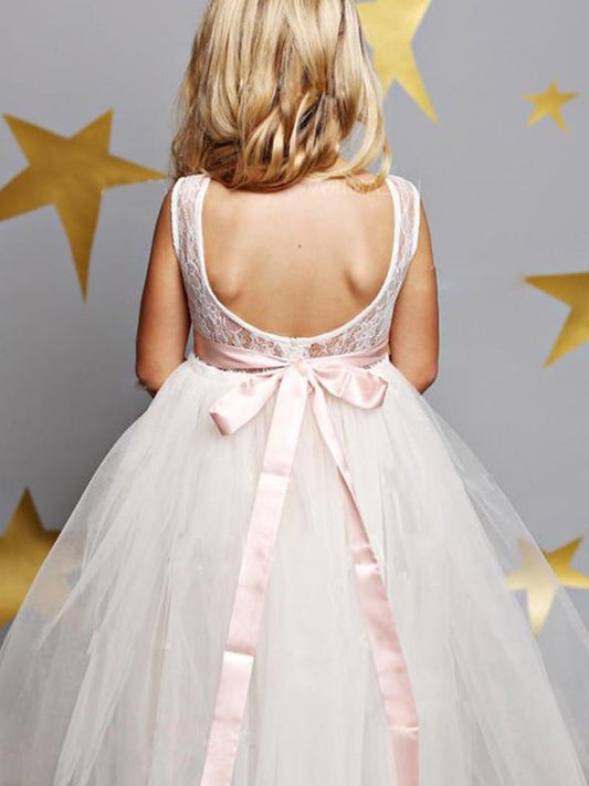 Tulle Floor-Length Scoop Sleeveless A-Line/Princess Sash/Ribbon/Belt Flower Girl Dresses