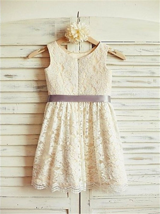 Bowknot Sleeveless A-line/Princess Tea-Length Scoop Lace Flower Girl Dresses