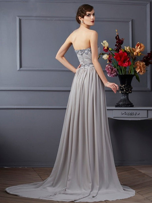 Sleeveless Sweetheart Pleats Beading A-Line/Princess Long Chiffon Dresses