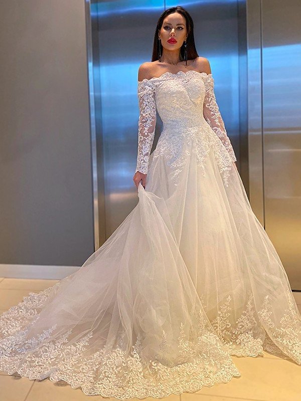 Sweep/Brush Sleeves Off-the-Shoulder Long Applique A-Line/Princess Lace Train Wedding Dresses