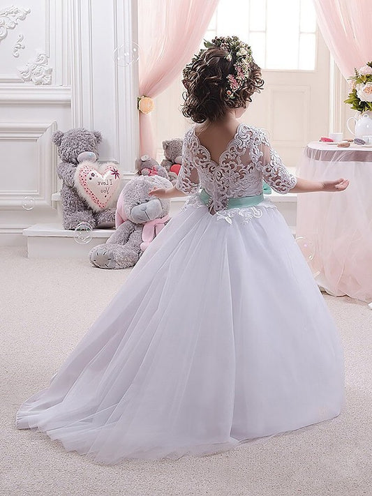 Floor-Length Gown Sleeves Lace 1/2 Ball Tulle Jewel Flower Girl Dresses