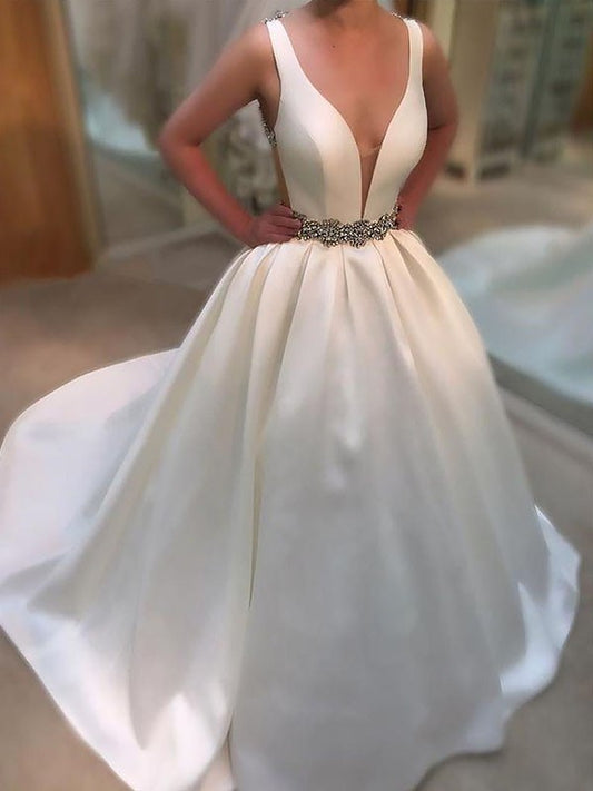 Satin V-neck A-Line/Princess Court Train Sleeveless Wedding Dresses