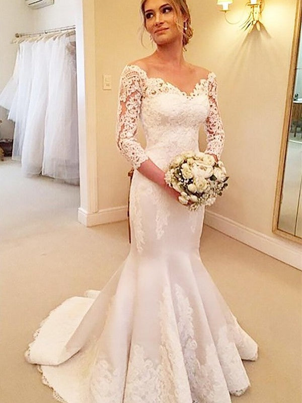 Lace Trumpet/Mermaid Satin Sleeves 3/4 Court Off-the-Shoulder Train Wedding Dresses