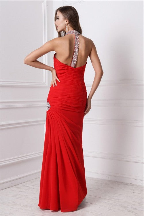 Beading Halter Sleeveless Sheath/Column Long Chiffon Dresses