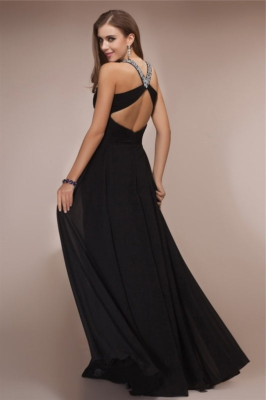 Halter Sleeveless Sheath/Column Long Beading Chiffon Dresses