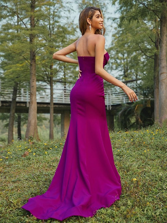 Sweetheart Sleeveless Sheath/Column Sweep/Brush Crepe Ruched Stretch Train Bridesmaid Dresses