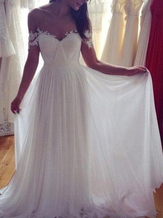 Train Off-the-Shoulder Sleeveless A-Line/Princess Applique Sweep/Brush Lace Chiffon Wedding Dresses