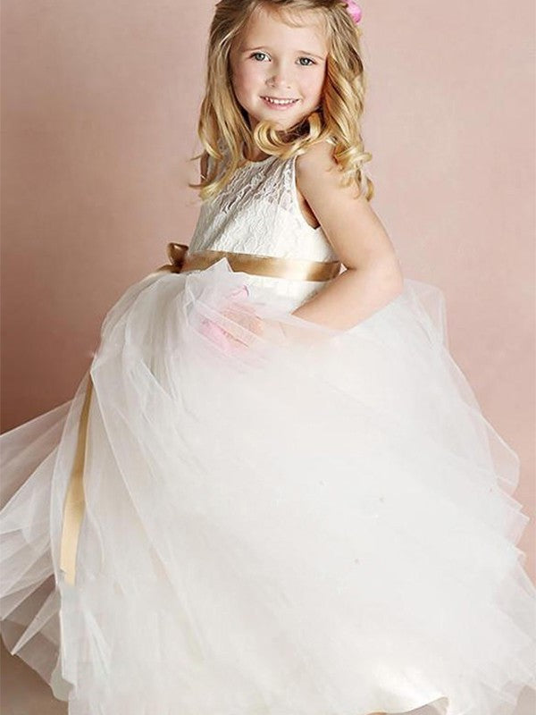 Sash/Ribbon/Belt A-Line/Princess Floor-Length Scoop Sleeveless Tulle Flower Girl Dresses