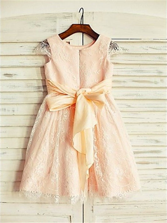 Short Scoop A-line/Princess Tea-Length Lace Sash/Ribbon/Belt Sleeves Flower Girl Dresses