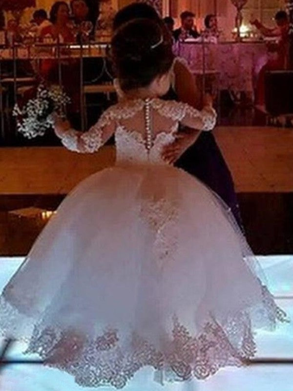 Floor-Length Sleeves Long Applique Gown Tulle Ball Scoop Flower Girl Dresses