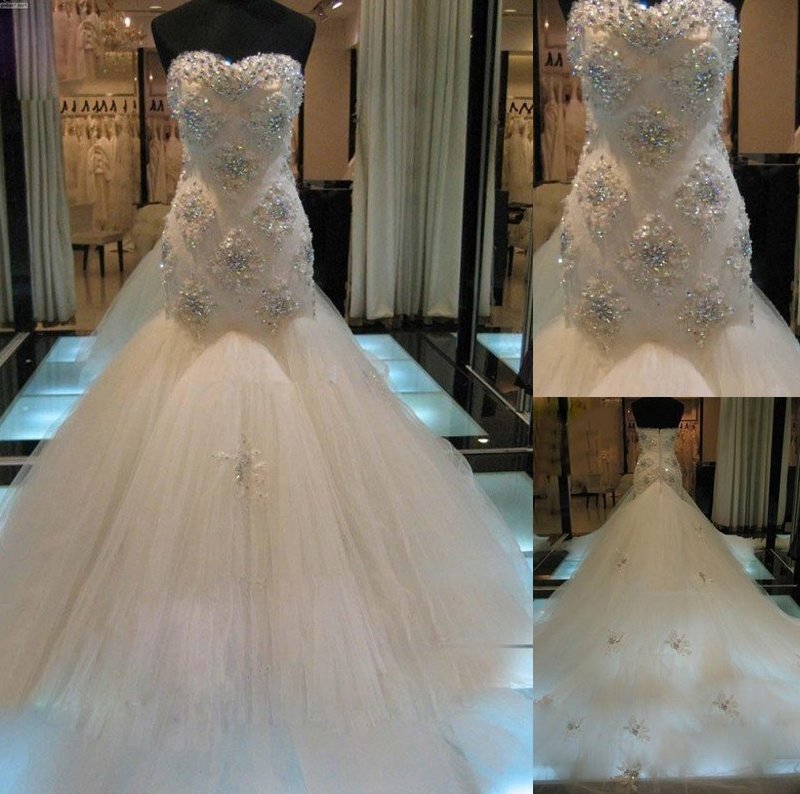 Trumpet/Mermaid Sleeveless Beading Sweetheart Chapel Train Tulle Wedding Dresses