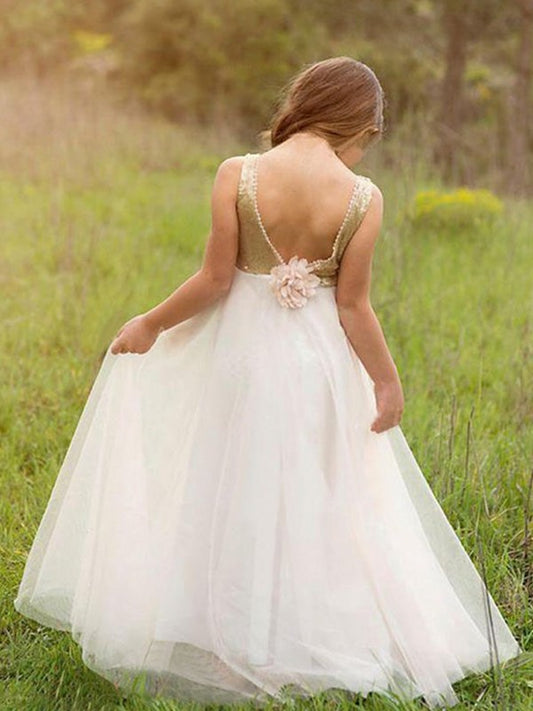 Floor-Length A-Line/Princess Scoop Sequin Sleeveless Tulle Flower Girl Dresses