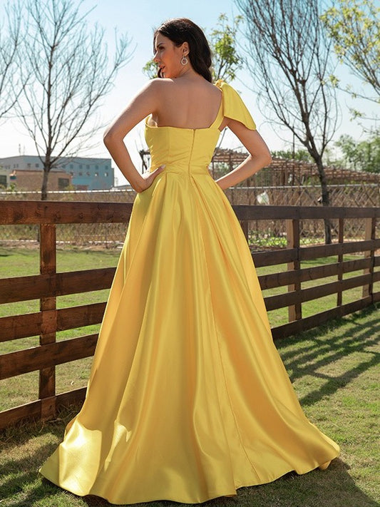 A-Line/Princess Sleeveless Satin Ruffles One-Shoulder Sweep/Brush Train Dresses