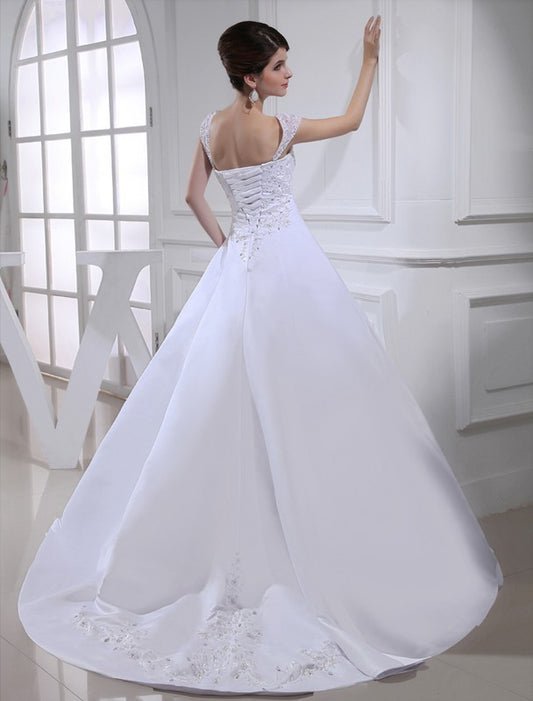 Long Ball Beading Straps Gown Sleeveless Satin Wedding Dresses