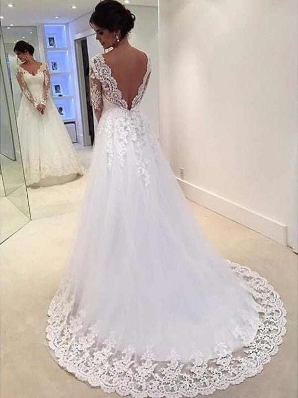 V-neck Sweep/Brush Gown Ball Lace Long Sleeves Train Tulle Wedding Dresses