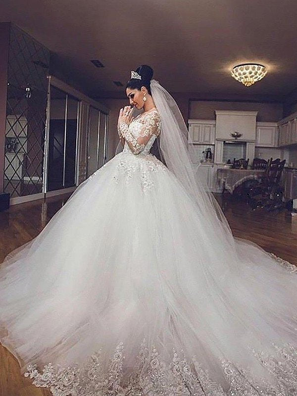 Court Ball V-neck Gown Sleeves Tulle Long Train Wedding Dresses