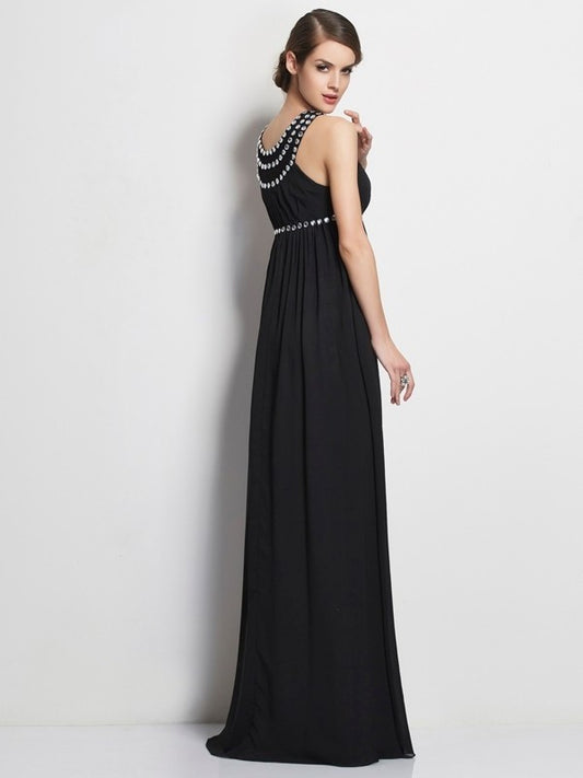 Sheath/Column Sleeveless High Beading Neck Long Chiffon Dresses