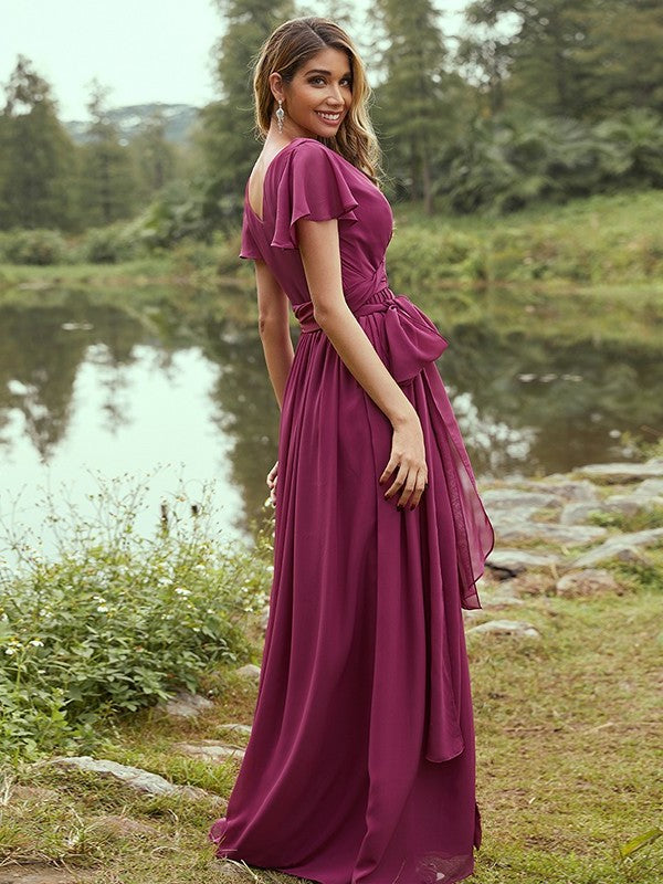 Sleeves Chiffon Ruffles Short A-Line/Princess V-neck Floor-Length Bridesmaid Dresses