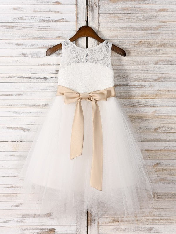 Scoop A-Line/Princess Tea-Length Sleeveless Tulle Sash/Ribbon/Belt Flower Girl Dresses