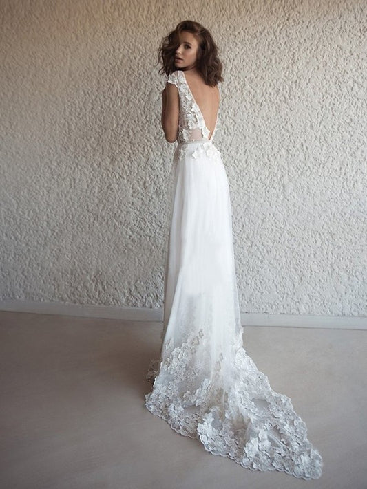 Applique A-Line/Princess Tulle Sleeveless Sweep/Brush V-neck Train Wedding Dresses