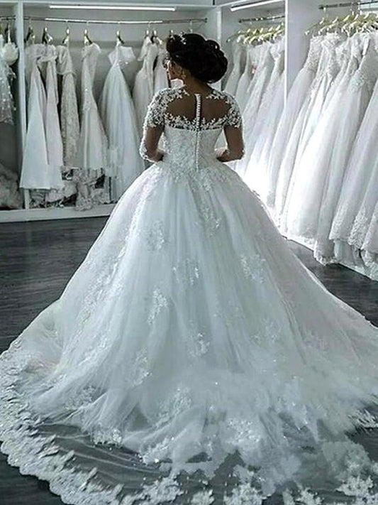 Long Gown Sleeves Scoop Court Ball Tulle Applique Train Wedding Dresses