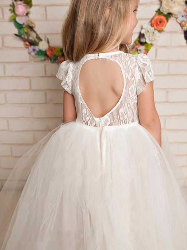 Tulle Sleeves Lace A-Line/Princess Floor-Length Short Scoop Flower Girl Dresses