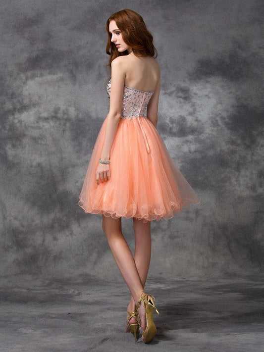 A-line/Princess Spaghetti Straps Beading Sleeveless Short Net Homecoming Dresses Tatum Cocktail Dresses