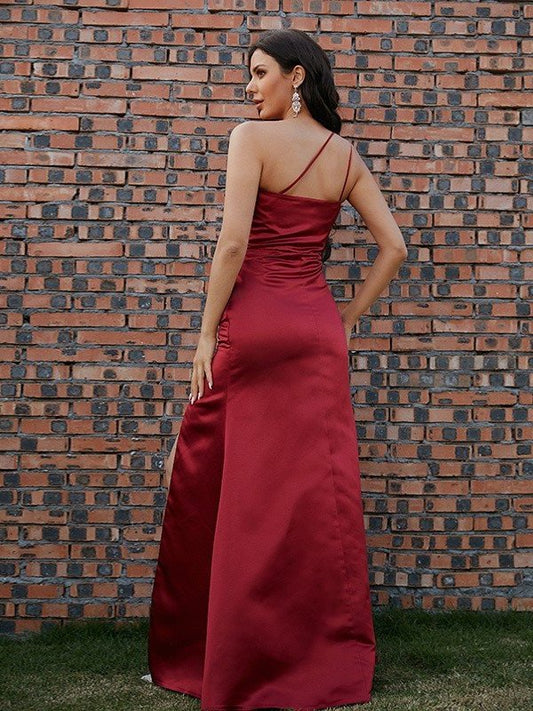 Ruched Satin One-Shoulder Sheath/Column Sleeveless Floor-Length Dresses